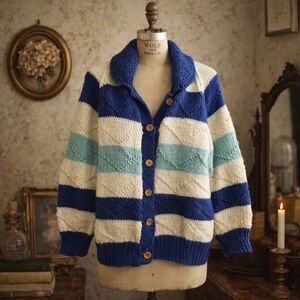 Vintage Handknit Striped Cardigan Sweater | Wood Buttons | Cozy Heritage Knit